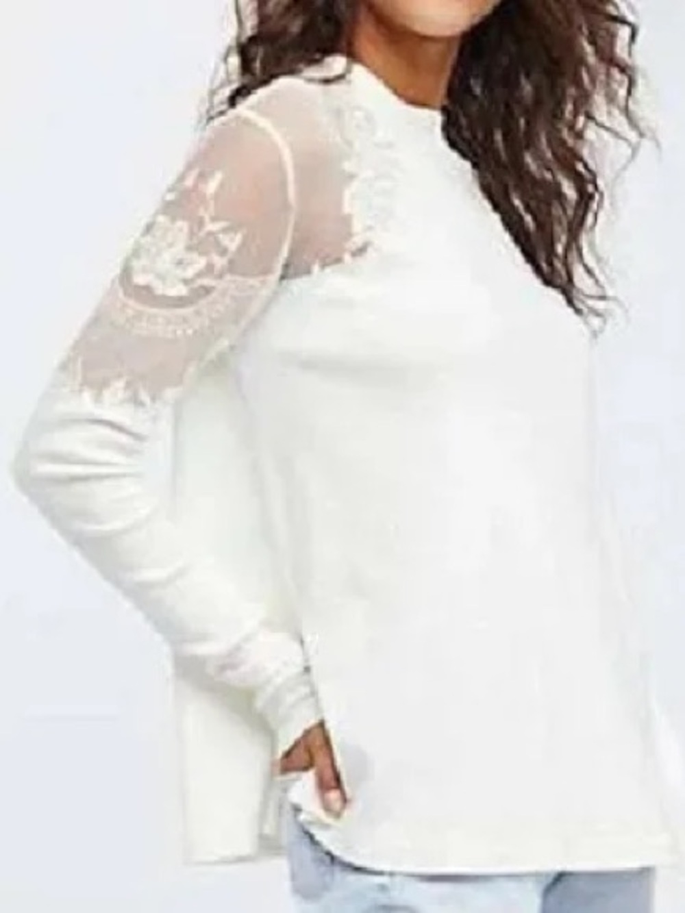 Free People White Lace-Inset Long Sleeve Top